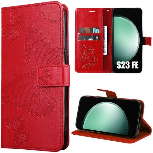 Coque Pour Samsung Galaxy S23 Fe, Protection Anti-Rayures Effet Cuir Papillon Imprimé - Rouge (Pas Pour S23) - Booling