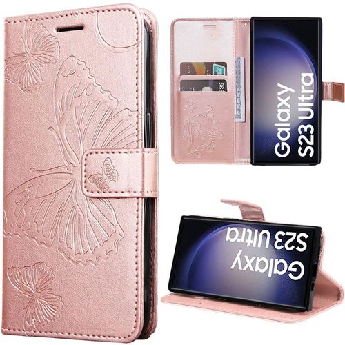 Coque Pour Samsung Galaxy S23 Ultra, Protection Antichoc Synthécuir Rose Motif Papillons (Pas Pour S23) - Booling
