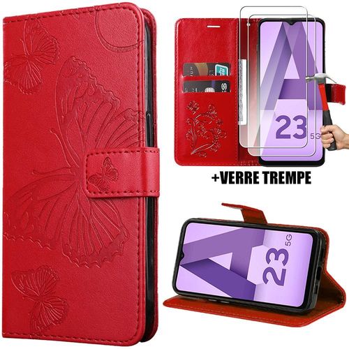 Coque Et 2 Verres Trempés Pour Samsung Galaxy A23 5g, Flip Case Synthécuir Avec Motif Papillon Imprimé - Rouge - Booling