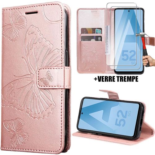 Coque + 2 Verres Trempés Pour Samsung Galaxy A52 4g/5g A52s 5g, Protection Effet Cuir Rose Fermeture Magnétique Motif Papillon - Booling