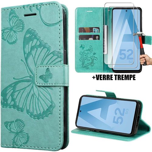 Coque + 2 Verres Trempés Pour Samsung Galaxy A52s 5g A52 4g/5g, Protection Anti-Rayures Effet Cuir Vert Elégant Motif Papillon - Booling