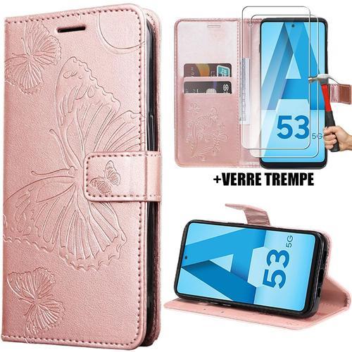 Coque Et 2 Verres Trempés Pour Samsung Galaxy A53 5g, Protection Antichoc Synthécuir Rose Motif Papillon Imprimé - Booling