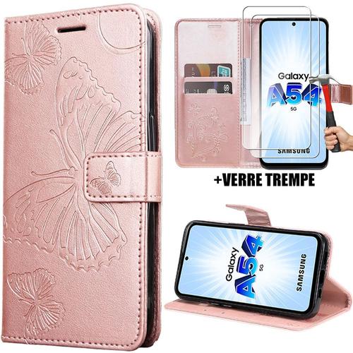 Coque Pour Samsung Galaxy A54 5g, Flip Case Elégant En Motif Papillon Cuir Synthétique Rose + 2 Verres Trempés Transparents - Booling