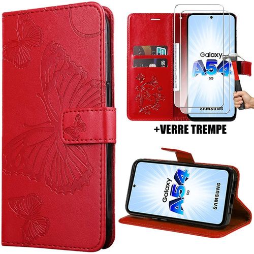 Coque + 2 Verres Trempés Pour Samsung Galaxy A54 5g, Protection Rabat Antichoc Motif Papillon Elégant Effet Cuir Rouge - Booling
