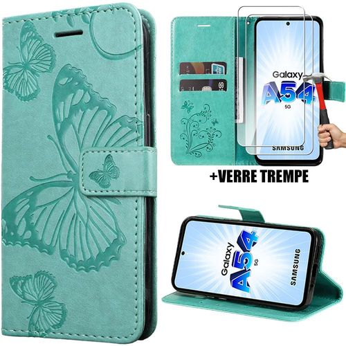 Coque + 2 Protection D'écran Pour Samsung Galaxy A54 5g, Effet Cuir Vert Fermeture Magnétique Motif Papillon - Booling