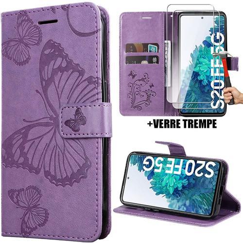 Coque + 2 Verres Trempés Pour Samsung Galaxy S20 Fe, Flip Case Cuir Synthétique Violet Avec Motif Papillon Elégant (Pas Pour S20) - Booling