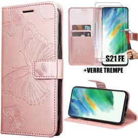 Coque Et 2 Verres Trempés Pour Samsung Galaxy S21 Fe, Protection Antichoc Synthécuir Rose Motif Papillon Imprimé (Pas Pour S21) - Booling