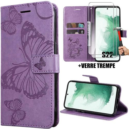 Coque + 2 Verres Trempés Pour Samsung Galaxy S22, Protection Intégrale Motif Papillon Imprimé Effet Cuir Violet - Booling