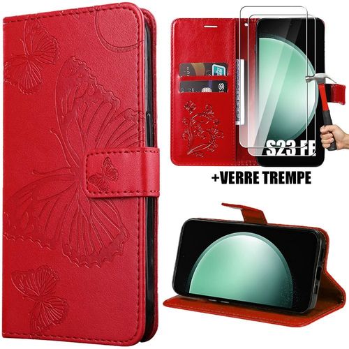 Coque + 2 Verres Trempés Pour Samsung Galaxy S23 Fe, Protection Anti-Rayures Effet Cuir Papillon Imprimé - Rouge (Pas Pour S23) - Booling