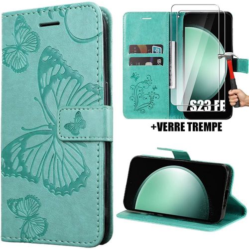 Coque Pour Samsung Galaxy S23 Fe, Protection Anti-Rayures Motif Papillon Effet Cuir Vert + 2 Verres Trempés 9h (Pas Pour S23) - Booling