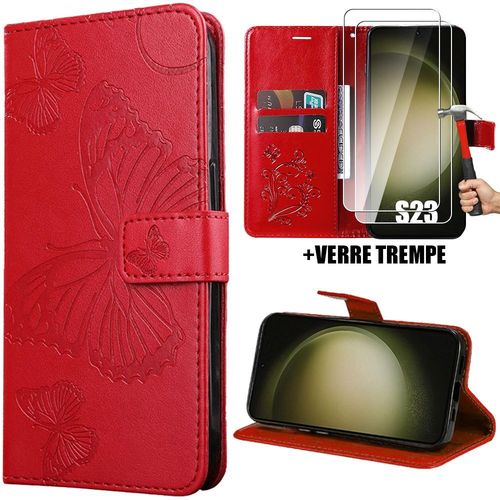 Coque + 2 Verres Trempés Pour Samsung Galaxy S23, Protection Anti-Rayures Motif Papillon Effet Cuir Rouge - Booling