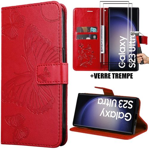 Coque Et 2 Verres Trempés Pour Samsung Galaxy S23 Ultra, Protection Antichoc Cuir Synthétique Papillon Imprimé Rouge (Pas Pour S23) - Booling