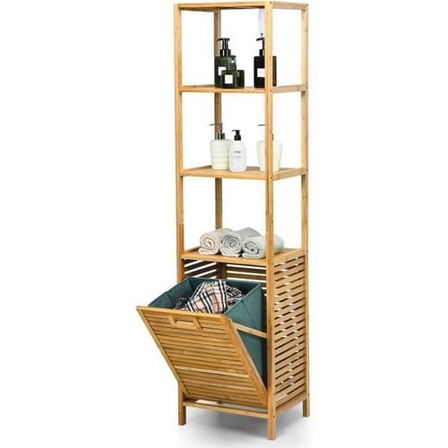 COSTWAY Colonne Salle de Bain avec Panier à Linge Basculant et 3 Etagères de Rangement Meuble en Bambou et Toile d'Oxford