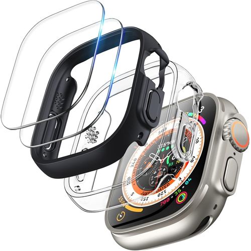 Coque Pour Apple Watch Ultra 2/Ultra 49mm, 2 Coque Avec 2 Protection Écran En Verre Trempé [Anti-Buée] Anti-Rayures 9h Hd Sans Bulles Pour Apple Watch Ultra/Ultra 2 49mm - Noir/Transparent