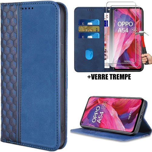 Coque Pour Oppo A54 5g, Housse Cuir Pu Pochette Portefeuille Magnétique Bleu Marine + 2 Verres Trempés 9h (Pas Pour A54 4g) - Booling