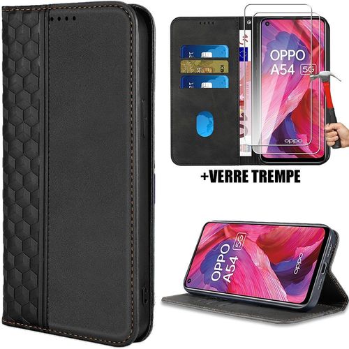 Coque Et 2 Verres Trempés Pour Oppo A54 5g, Flip Case Synthécuir Anti-Rayures Fermeture Magnétique - Noir (Pas Pour A54 4g) - Booling