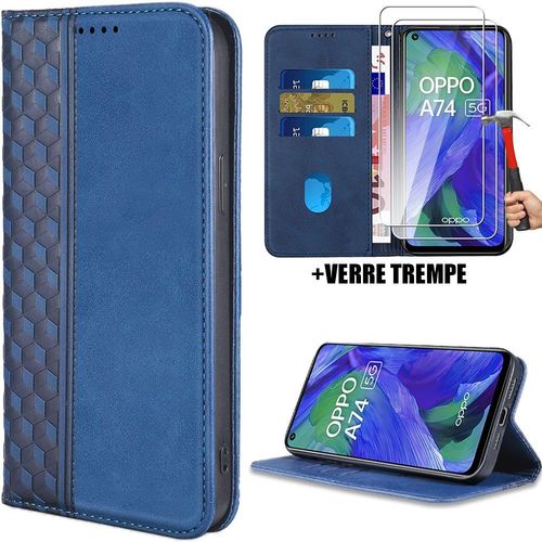 Coque + 2 Verres Trempés Pour Oppo A74 5g, Protection Cuir Synthétique Motif Mosaïque Bleu Marine (Pas Pour A74 4g) - Booling