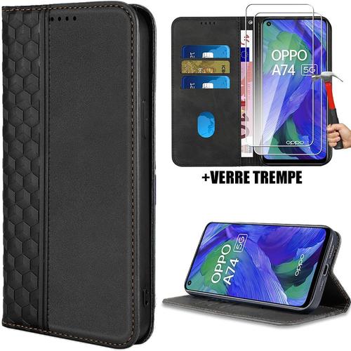 Coque Pour Oppo A74 5g, Effet Cuir Noir Fermeture Magnétique Motif Mosaïque + 2 Verres Trempés 9h (Pas Pour Oppo A74 4g) - Booling