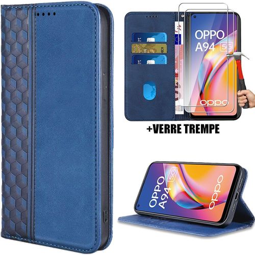 Coque + 2 Verres Trempés Pour Oppo A94 5g, Motif Mosaïque Luxe Portefeuille Effet Cuir Bleu Marine Anti-Rayures (Pas Pour A94 4g) - Booling