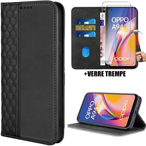 Coque + 2 Verres Trempés Pour Oppo A94 5g, Protection Anti-Rayures Effet Cuir Noir Luxe Elégant (Pas Pour A94 4g) - Booling