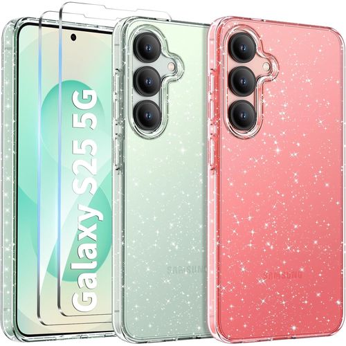 Coque Pailletée Pour Samsung Galaxy S25 Avec 2 Pièces Verre Trempé, Trasparente Mignon Étui En Silicone Brillant Bling Pour Femmes Et Fillese, Paillettes