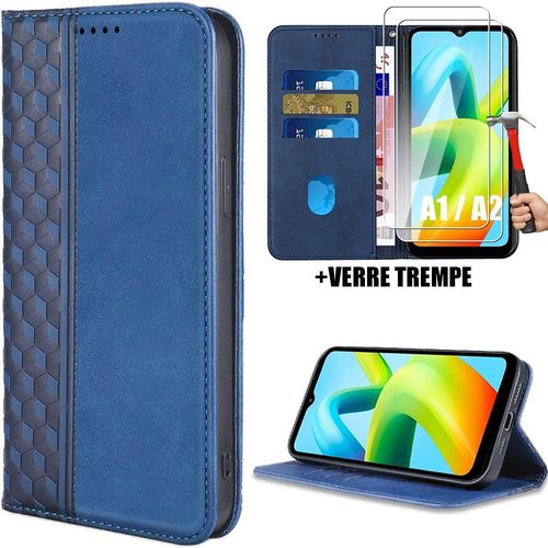 Coque Pour Xiaomi Redmi A1 / A2, Pochette Portefeuille Anti-Rayures Effet Cuir Luxe Bleu Marine + 2 Verres Trempés - Booling