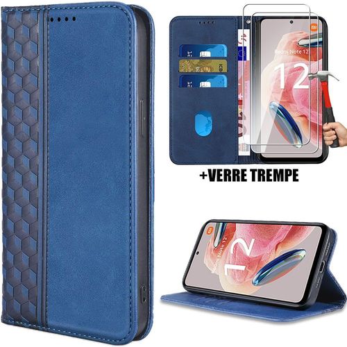 Coque Pour Xiaomi Redmi Note 12 4g, Flip Case Cuir Synthétique Bleu Marine Avec Motif Mosaïque + 2 Verres Trempés - Booling