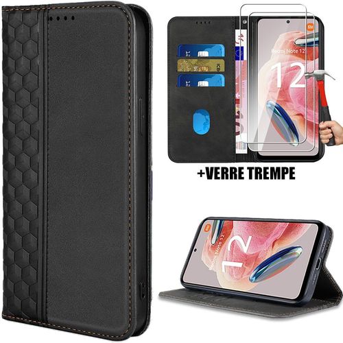 Coque Pour Xiaomi Redmi Note 12 4g, Protection Antichoc Effet Cuir Noir Motif Mosaïque Elégant + 2 Verres Trempés 9h - Booling