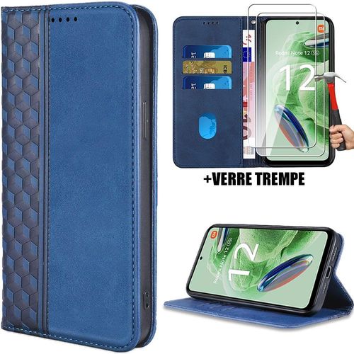 Coque + 2 Verres Trempés Pour Xiaomi Redmi Note 12 5g, Housse Portefeuille Effet Cuir Bleu Marine (Pas Pour Redmi 12 5g) - Booling