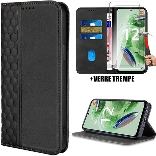 Coque + 2 Verres Trempés Pour Xiaomi Redmi Note 12 5g, Motif Mosaïque Elégant Portefeuille Effet Cuir Noir (Pas Pour Redmi 12 5g) - Booling