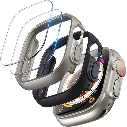 Protection Pour Apple Watch Ultra/Ultra 2 49mm, 2 Coque Avec 2 Protection Écran En Verre Trempé 9h Hd Sans Bulles Anti-Rayures Pour Iwatch Ultra/Ultra 2 49mm - Noir/