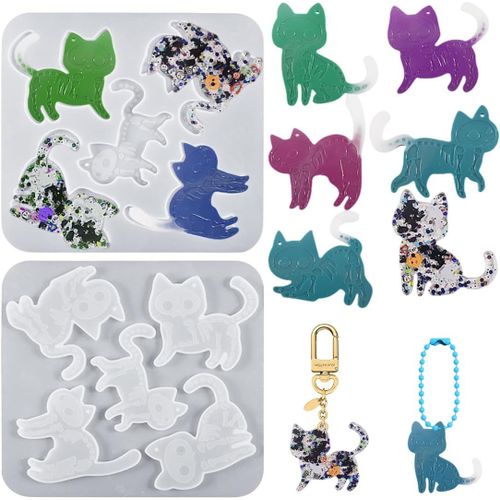 5 Pièces Moules En Résine Epoxy Chat Moule En Silicone Animaux Porte-Clés Moule De Coulée Moulage De Bijoux Pour Bricolage L'artisanat En Résine Trousseau De Clés Travaux Manuels