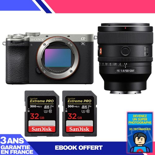 Boitier Sony A7C II Silver + FE 50mm f/1.4 GM + 2 SanDisk 32GB Extreme PRO UHS-II SDXC 300 MB/s + Ebook 'Devenez Un Super Photographe'