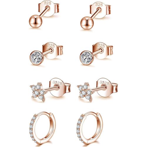 4 Paires Boucles D'oreilles Femme Argent 925 Boucles D'oreilles Créoles Argent Petites Boucles D'oreilles Zirconium Argent 925 Hypoallergénique Clous D'oreilles Cartilage Ensemble