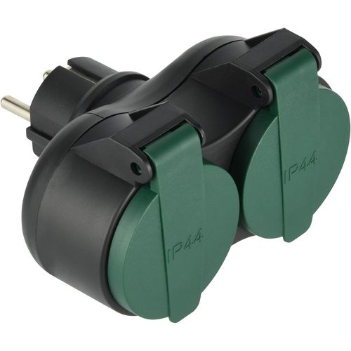 531193 531195 Adaptateur Biplite d'extérieur résistant à l'eau IP44, fiche, multiprise 2 Prises Français avec Capuchon Vert