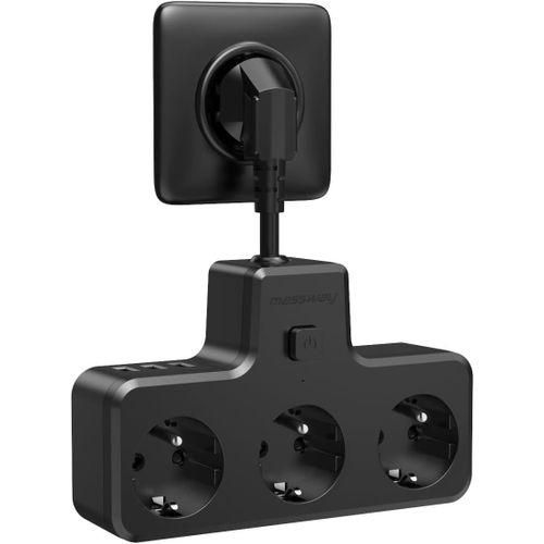 Multiprise avec Interrupteur, 6 en 1 Prise Multiple Electrique Murale Française 3 Sortie AC avec 3 Ports USB, Adaptateur Multiprise Parafoudre Prise 0.1m Câble Court, Noir