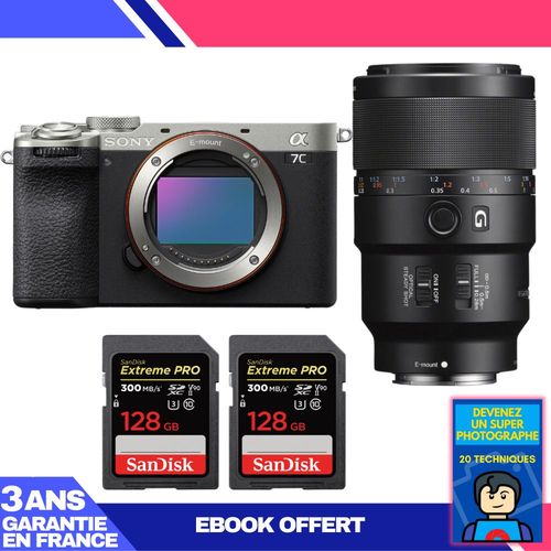 Boitier Sony A7C II Silver + FE 90mm f/2.8 Macro G OSS + 2 SanDisk 128GB Extreme PRO UHS-II SDXC 300 MB/s + Ebook 'Devenez Un Super Photographe'