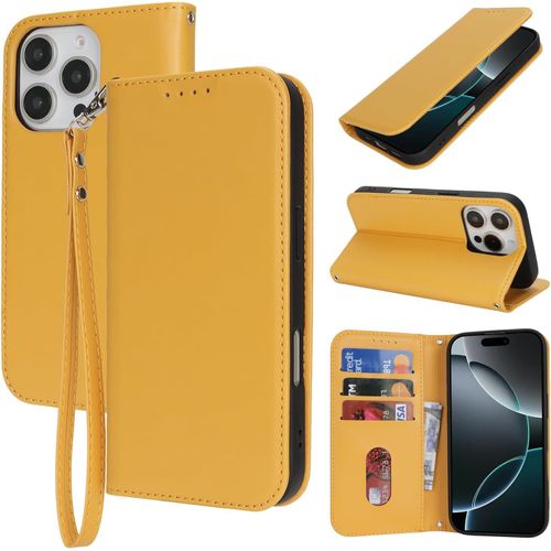 For Coque Iphone 16 Pro Avec Porte Carte Flip Coque Pour Iphone 16 Pro Avec Cordon Court Étui Portefeuille À Rabat - Jaune