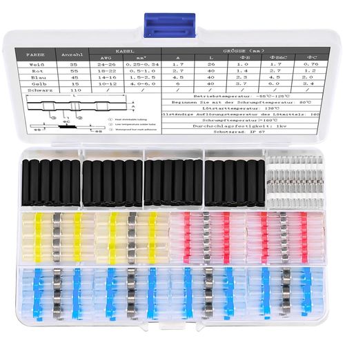 Cosse Thermoretractable Soudure 260pcs, 4 Tailles de Etanche Manchon Thermosoudable Connecteur a Souder und Gaine Thermorétractable Noire, avec un Taux de Retrait de 2:1