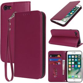 For Coque Iphone 7 Avec Porte Carte Flip Coque Pour Iphone 8 Avec Cordon Court Étui Iphone Se(2020/2022) Portefeuille À Rabat - Rouge Foncé