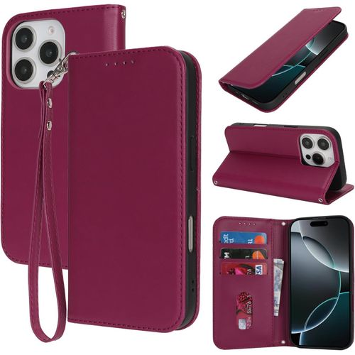 For Coque Iphone 16 Pro Avec Porte Carte Flip Coque Pour Iphone 16 Pro Avec Cordon Court Étui Portefeuille À Rabat - Rouge Foncé
