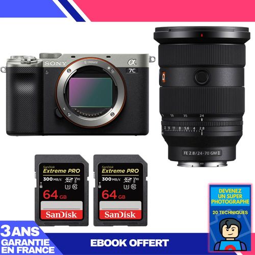 Boitier Sony A7C II Silver + FE 24-70mm f/2.8 GM II + 2 SanDisk 64GB Extreme PRO UHS-II SDXC 300 MB/s + Ebook 'Devenez Un Super Photographe'