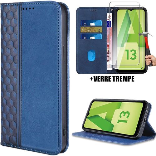 Coque + 2 Verres Trempés Pour Samsung Galaxy A13 4g/5g, Protection Anti-Rayures Effet Cuir Motif Mosaïque Elégant Luxe Bleu Marine - Booling