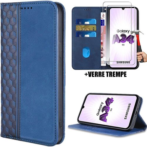 Coque + 2 Verres Trempés Pour Samsung Galaxy A34 5g, Protection Anti-Rayures Effet Cuir Bleu Marine Elégant Luxe Magnétique - Booling