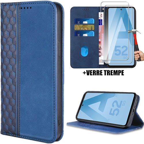 Coque + 2 Verres Trempés Pour Samsung Galaxy A52 4g/5g A52s 5g, Flip Case Portefeuille Effet Cuir Fermeture Magnétique - Bleu Marine - Booling