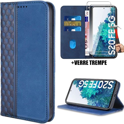 Coque + 2 Verres Trempés Pour Samsung Galaxy S20 Fe, Protection Cuir Synthétique Bleu Marine Fermeture Magnétique (Pas Pour S20) - Booling