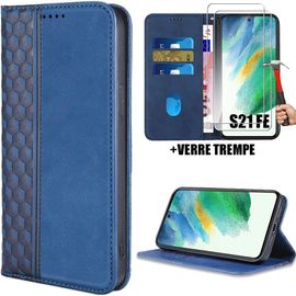 Coque + 2 Verres Trempés Pour Samsung Galaxy S21 Fe, Housse Cuir Pu Motif Mosaïque Fermeture Magnétique Bleu Marine (Pas Pour S21) - Booling