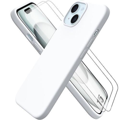 Coque Pour Iphone 15 Silicone Ultra Slim Blanc + 2 Protection D'écran Verre Trempé - Booling