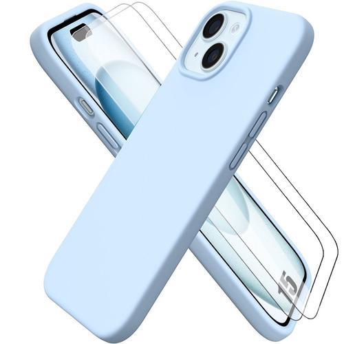 Coque Pour Iphone 15 Silicone Liquide Bleu Ciel + 2 Verres Trempés Protection D'écran - Booling