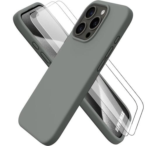 Coque Silicone Couleur Titane Naturel Pour Iphone 15 Pro Max Avec 2 Verres Trempés Protection D'écran - Booling